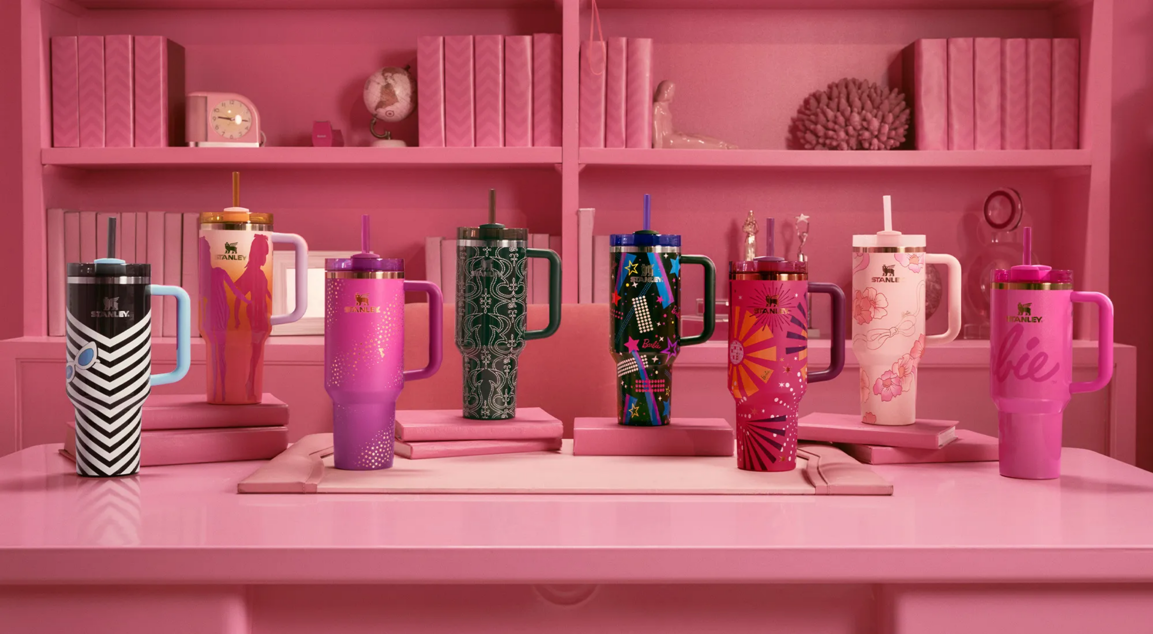 Stanley Quencher Flowstate Mug X Barbie Collection 40 OZ – Complete set of limited edition Barbie collaboration tumblers, featuring vibrant designs like 80s Dynamite, 70s Super Star, 60s Twist 'N Turn, and more. These Stanley Flowstate Quenchers keep drinks hot or cold for hours, perfect for collectors, gifting, travel, and everyday hydration.