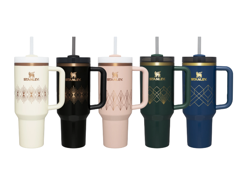 Stanley Deco Collection – Elegant gloss-finish tumblers in Cream, Black, Forest, Blush, and Nightfall with premium insulation and timeless design.