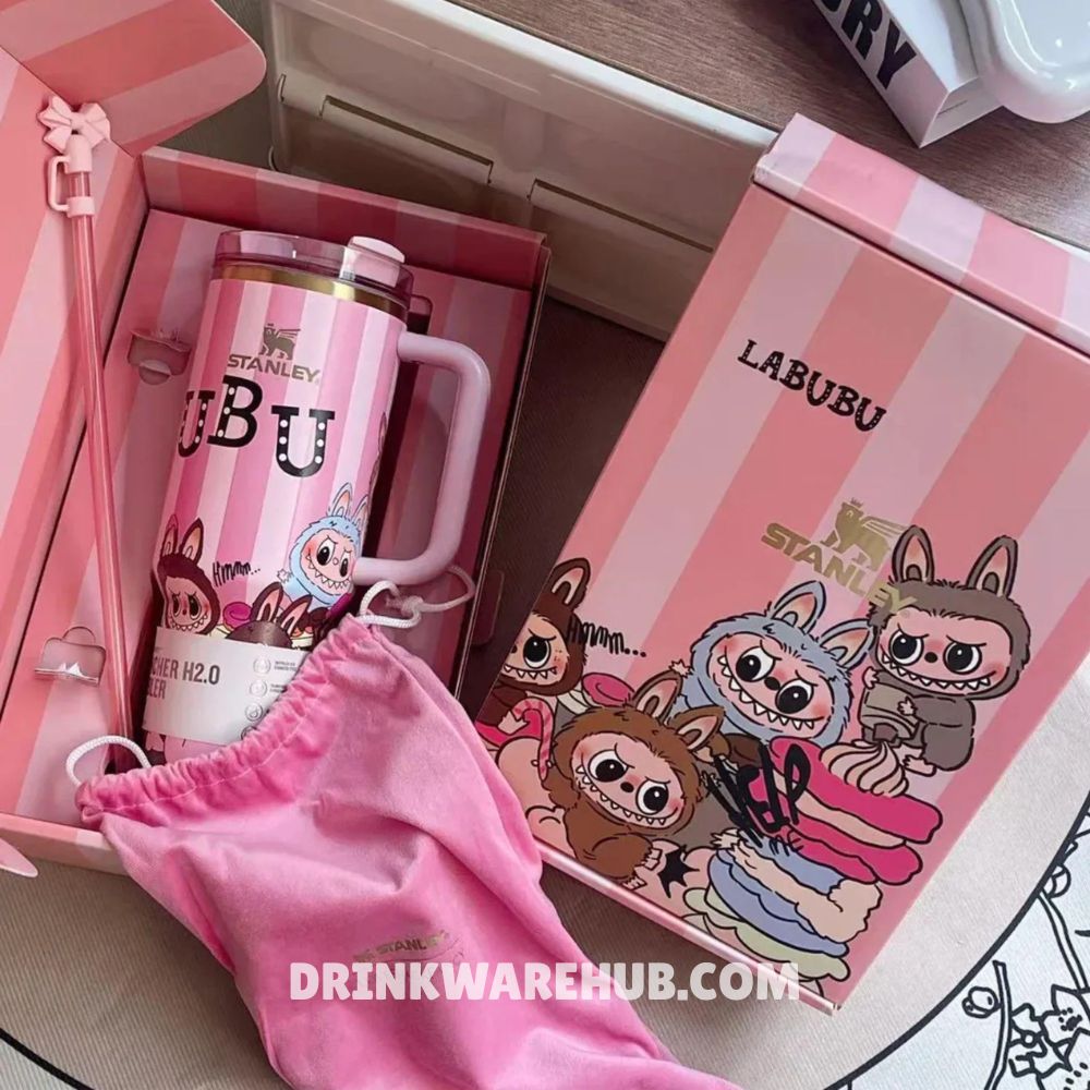 Stanley Labubu Pink Stripes 40oz Limited Edition Tumbler with straw and pouch in gift box