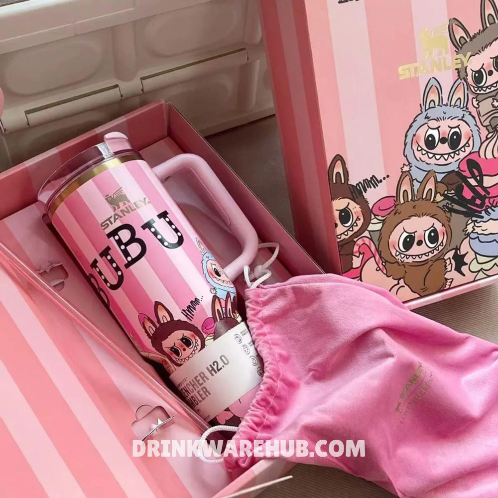 Stanley Labubu Pink 40oz tumbler with cute Labubu design and matching pouch
