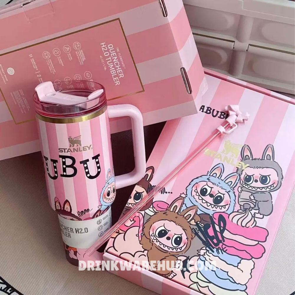 Stanley Labubu Limited Edition Pink Stripes tumbler with straw and packaging box